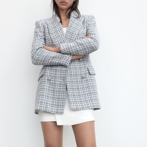 Zara Blue White Textured Tweed Double Breasted Blazer. Blogger fave. Like New - Picture 5 of 14